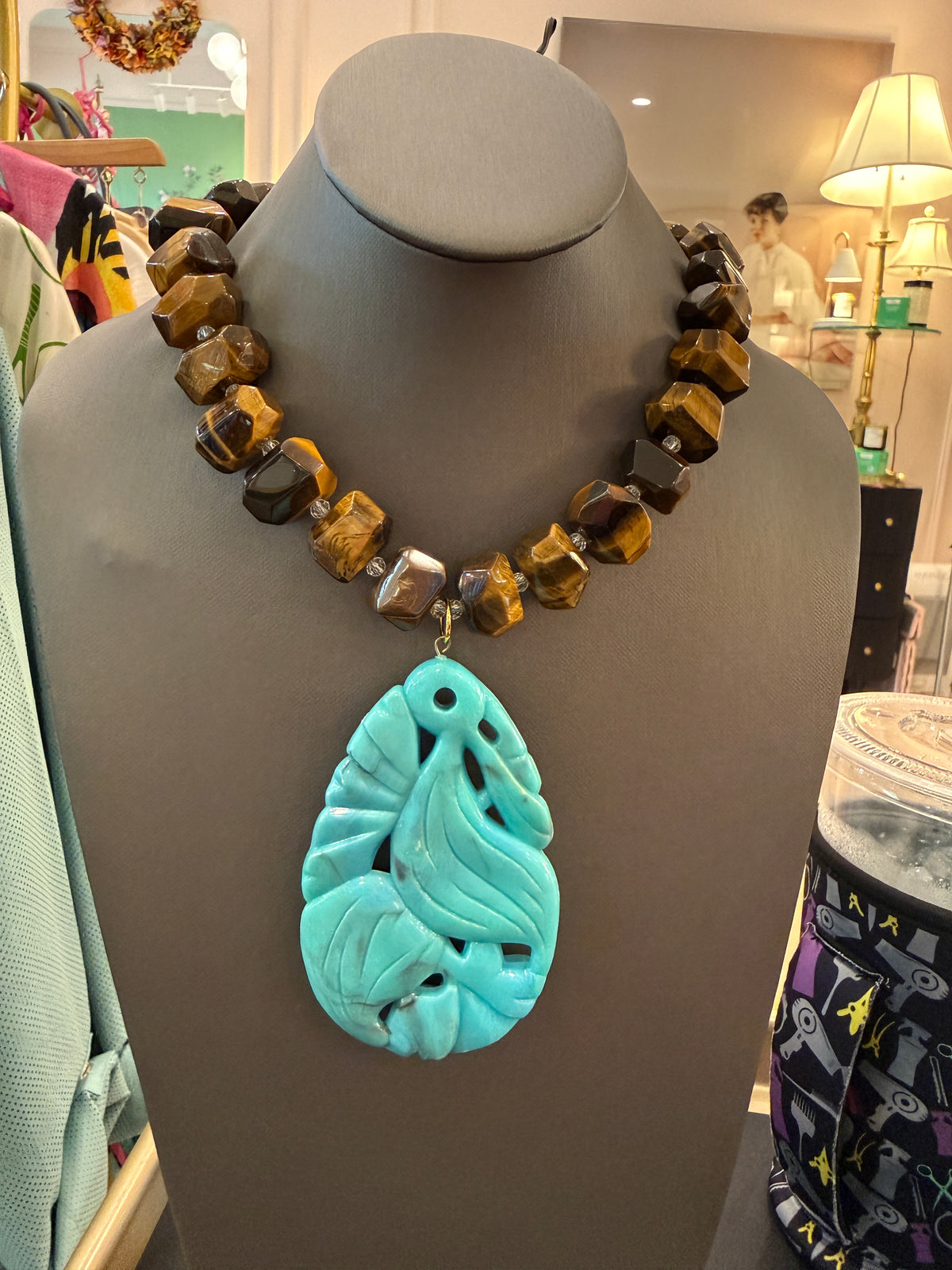 Made in the Deep South | Tiger’s Eye & Turquoise-Blue Leaf Pendant Necklace