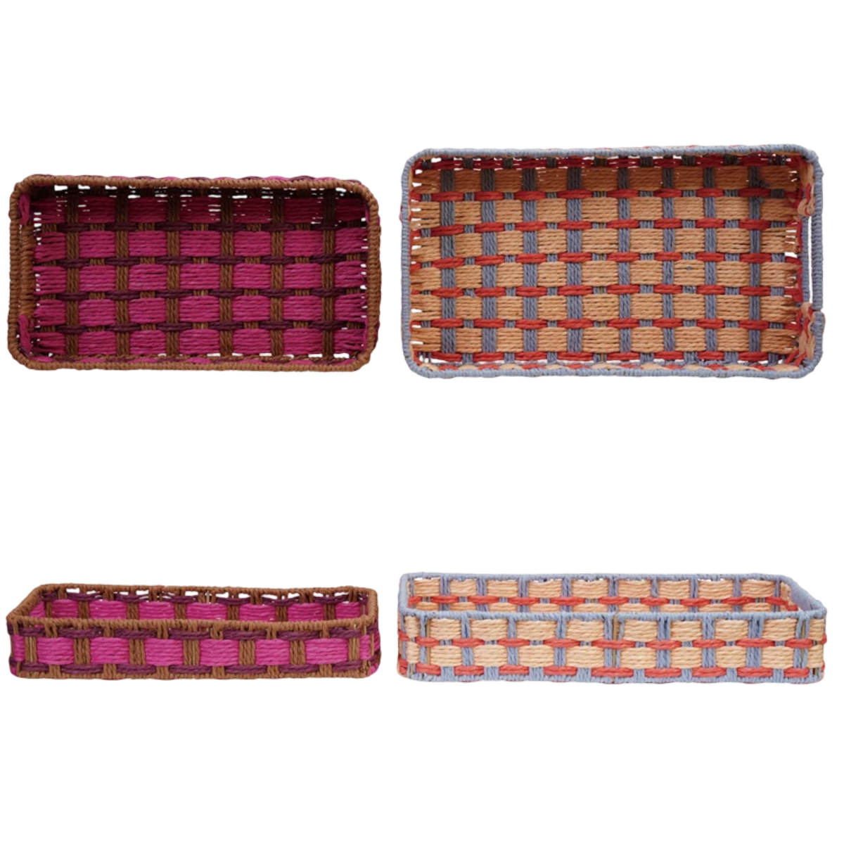 Set of four woven baskets with different color patterns on a white background