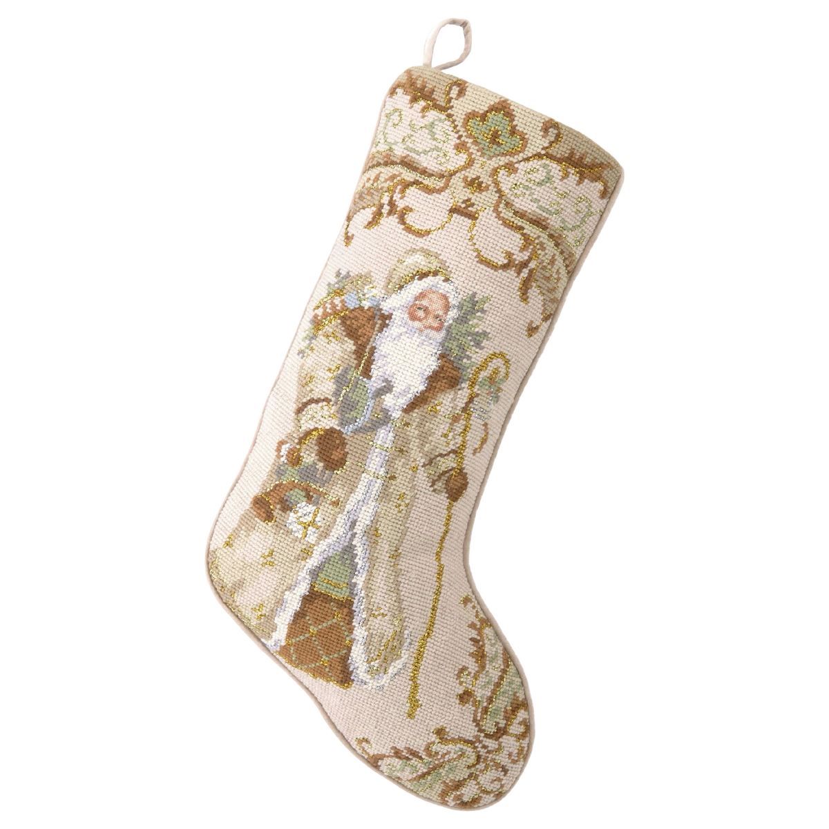 Santa with Gifts Wool Needlepoint Christmas Stocking | Ivory & Gold