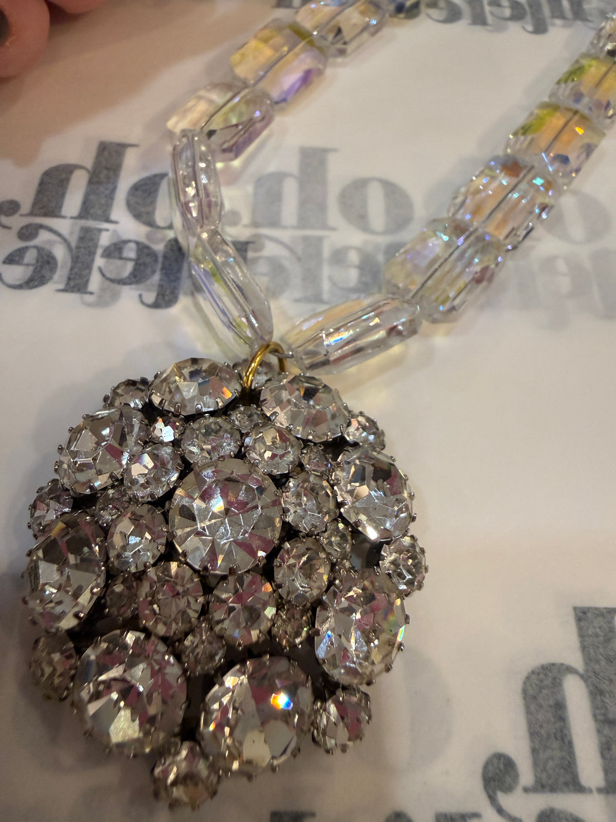Made in the Deep South Vintage Weiss Rhinestone Brooch & Iridescent Bead Necklace