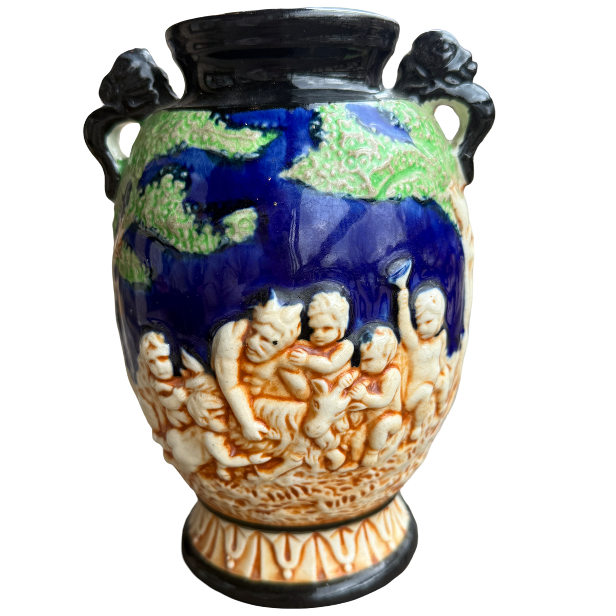 Vintage Japanese Majolica Cherub Vase – Cobalt Blue Relief Putti Pottery, Made in Japan