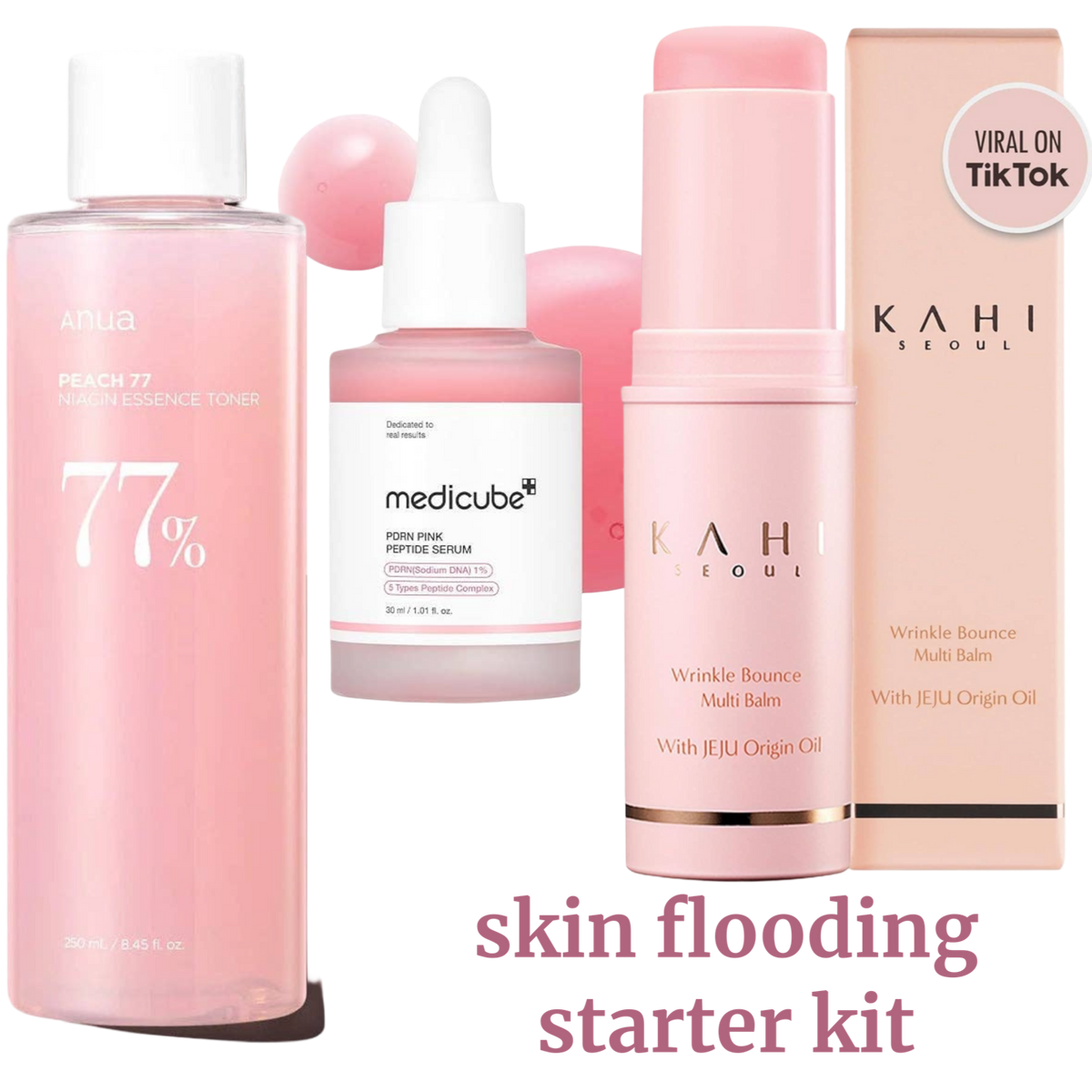 skin flooding kit, glass skin trio, k-beauty skincare set, hydrating skincare, Korean skincare bundle, Anua Peach 77 toner, Medicube serum, Kahi balm, skin flooding steps, glow skincare, TikTok skincare products, dewy skin essentials, beginner skincare bundle, skincare gift set
