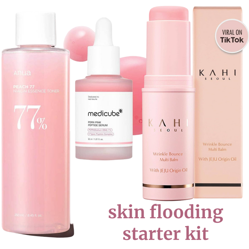 skin flooding kit, glass skin trio, k-beauty skincare set, hydrating skincare, Korean skincare bundle, Anua Peach 77 toner, Medicube serum, Kahi balm, skin flooding steps, glow skincare, TikTok skincare products, dewy skin essentials, beginner skincare bundle, skincare gift set

