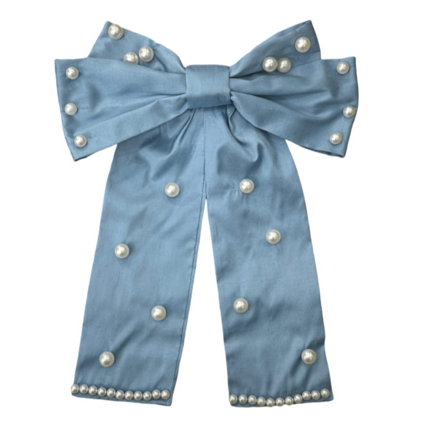 Blue Dupioni & Pearl Hair Bow
