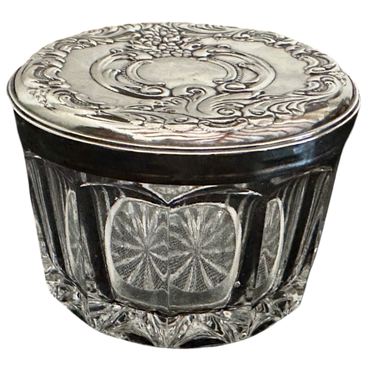 Antique Wallace Sterling Silver Repoussé Lid Cut Glass Vanity Jar