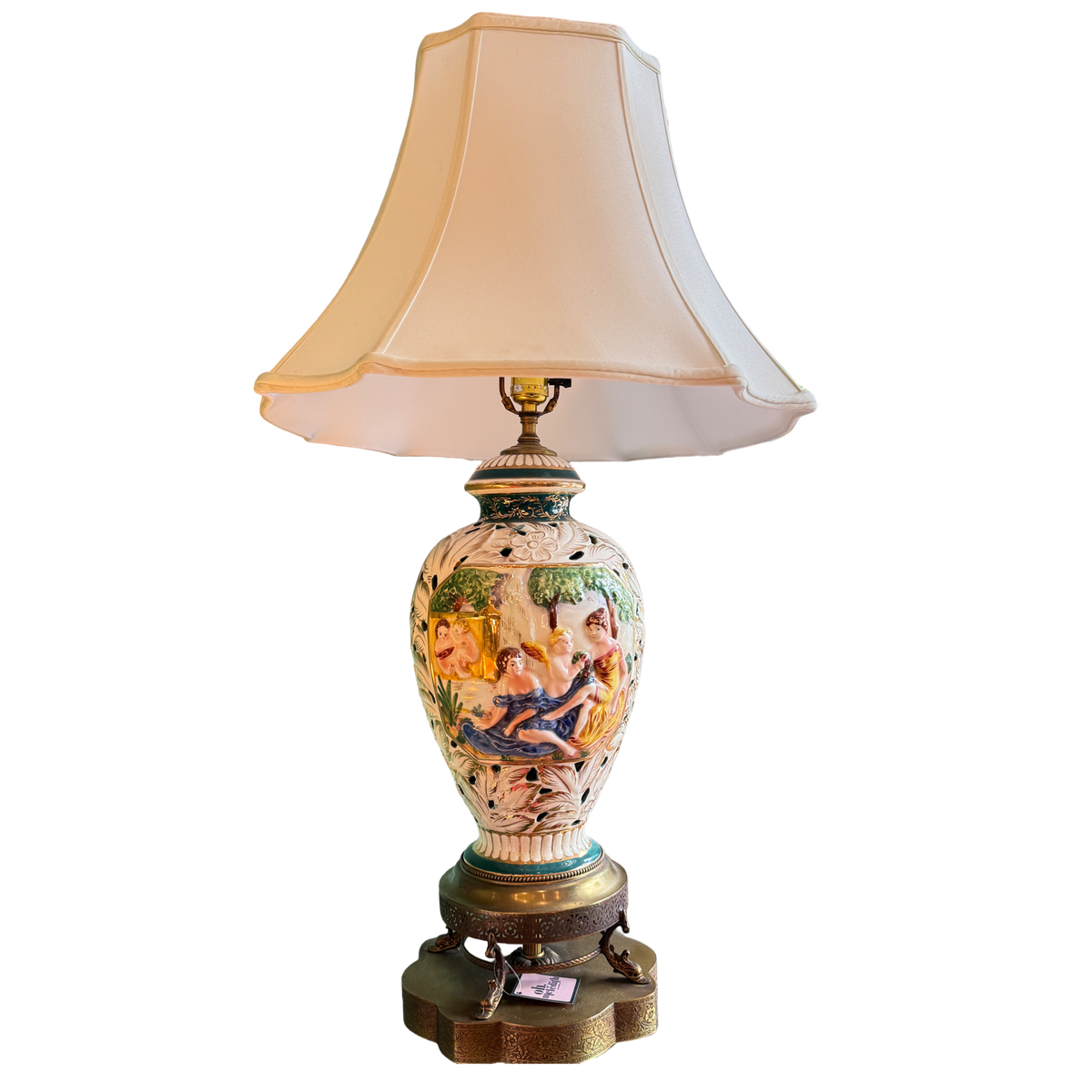 Pair of Vintage Capodimonte Cherub Vineyard Porcelain Table Lamp with Gilt Base