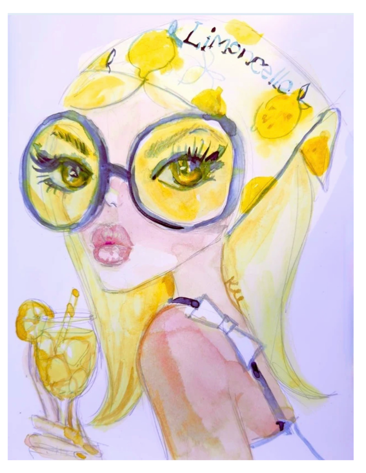 Kyra Kendall Limoncello art print of a blonde woman in yellow-tinted sunglasses and a lemon headscarf holding a citrus drink against a lavender background.