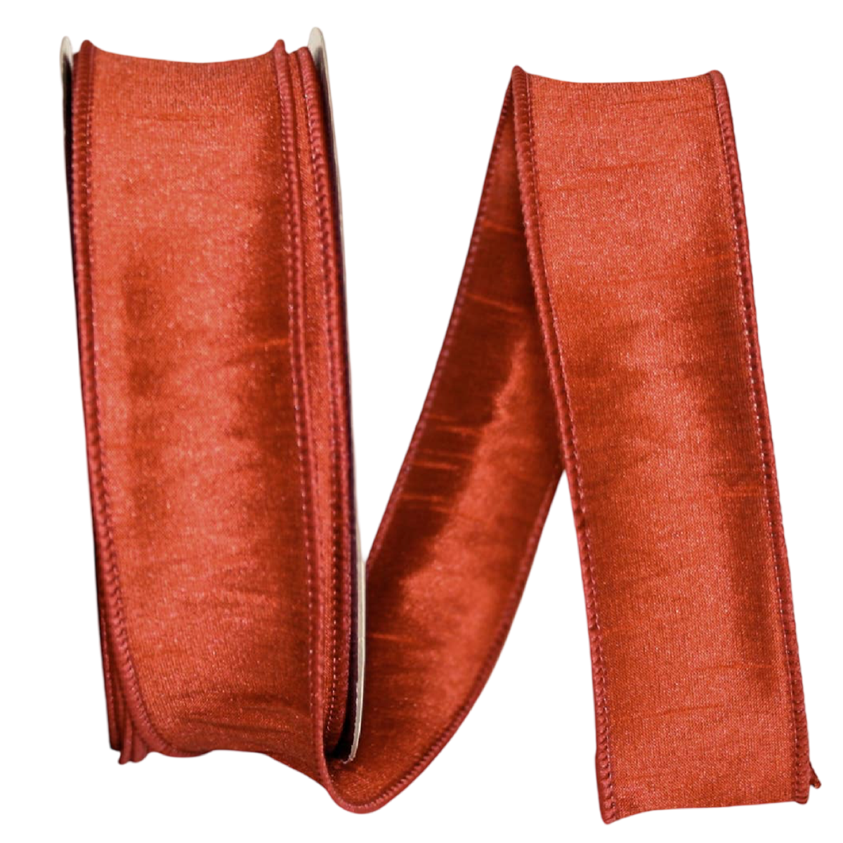 Image alt text
Rust dupioni ribbon with matching wired edges, arranged in a tall loop beside a spool.