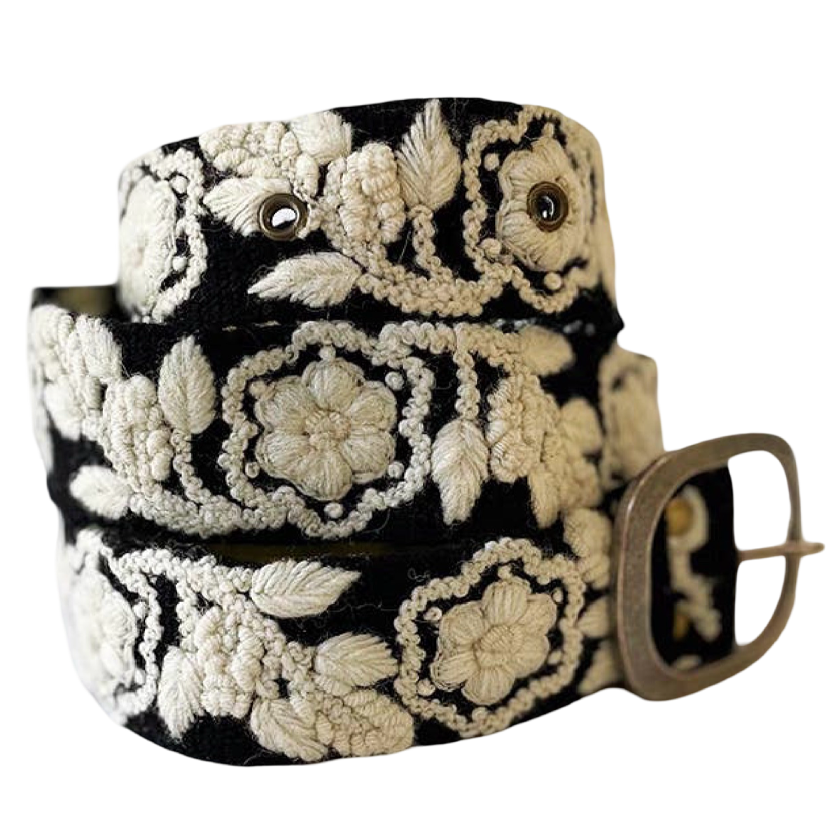Jenny Krauss black and cream embroidered wool belt featuring dimensional ivory floral embroidery and antique brass-tone buckle.