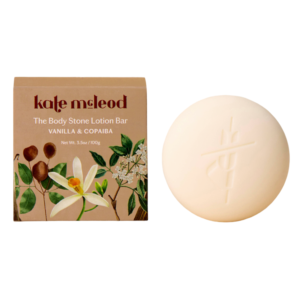 Kate McLeod Vanilla & Copaiba Body Stone solid lotion bar with botanical packaging and round white moisturizing bar.