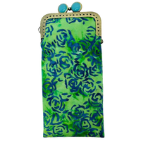 Kiki & Syds Blue Rose padded cotton eyeglass case with vivid blue and green botanical pattern and antique bronze kiss-lock frame.
