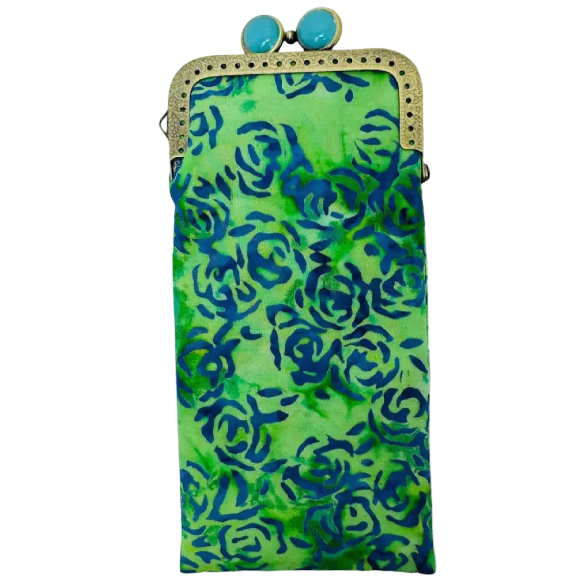 Kiki & Syds Blue Rose padded cotton eyeglass case with vivid blue and green botanical pattern and antique bronze kiss-lock frame.