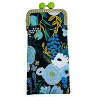 Kiki & Syds Garden Party Blue padded cotton eyeglass case with blue floral print, lime green kiss-lock closure and antique bronze frame.