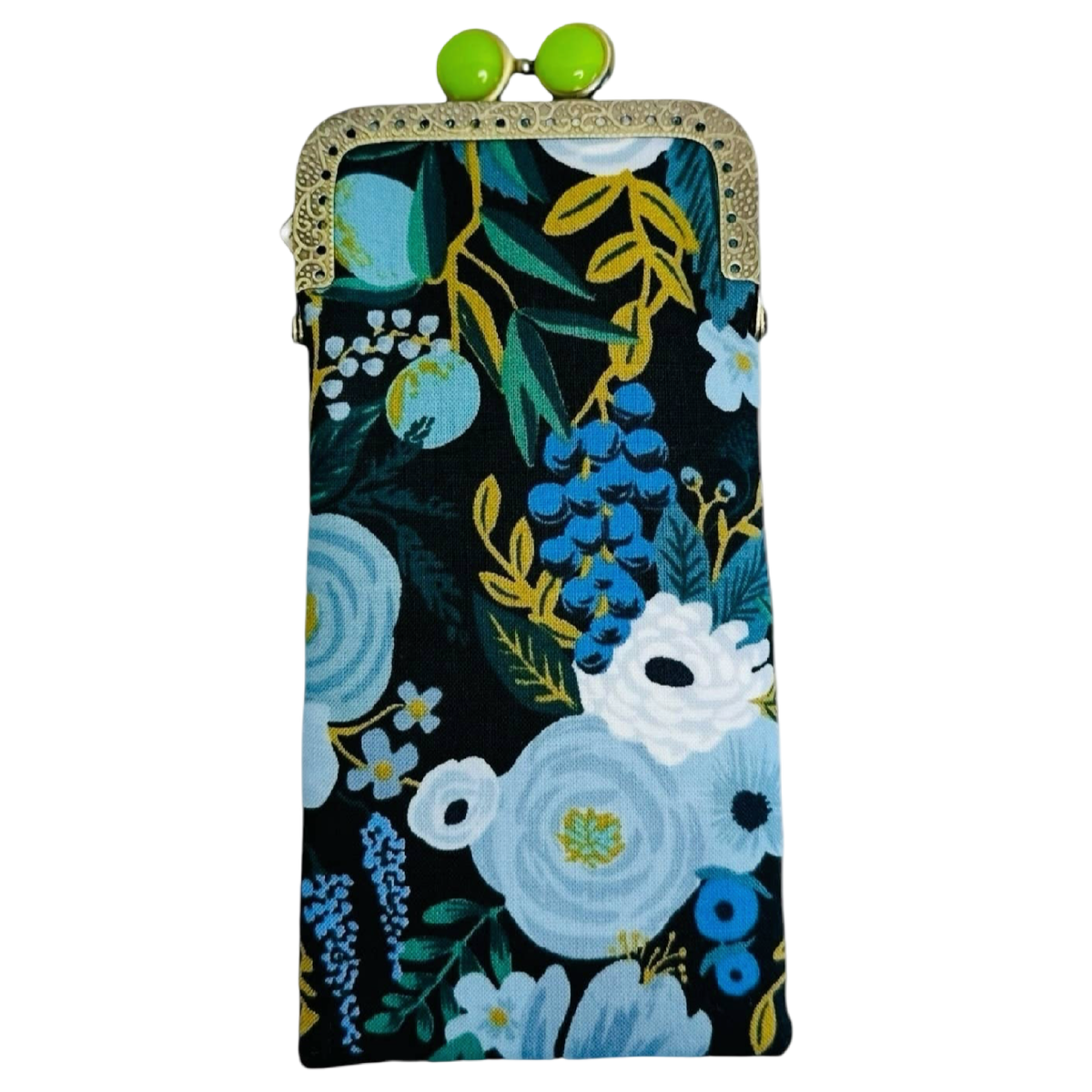 Kiki & Syds Garden Party Blue padded cotton eyeglass case with blue floral print, lime green kiss-lock closure and antique bronze frame.