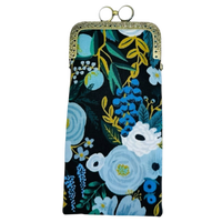 Kiki & Syds Garden Party Blue padded cotton eyeglass case with blue floral print, white kiss-lock closure and antique bronze frame.