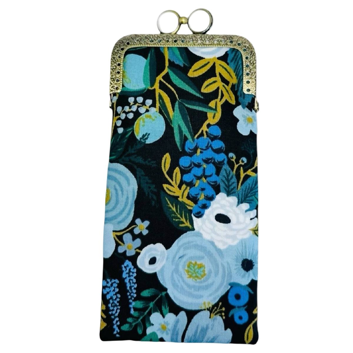 Kiki & Syds Garden Party Blue padded cotton eyeglass case with blue floral print, white kiss-lock closure and antique bronze frame.