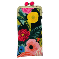 Kiki & Syds Joliet Rose Navy padded cotton eyeglass case with colorful pink and red floral print, bright pink kiss-lock closure and antique bronze frame.