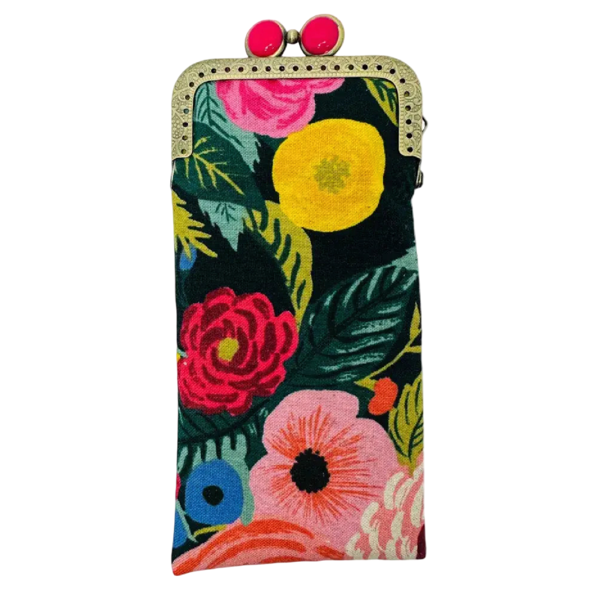 Kiki & Syds Joliet Rose Navy padded cotton eyeglass case with colorful pink and red floral print, bright pink kiss-lock closure and antique bronze frame.