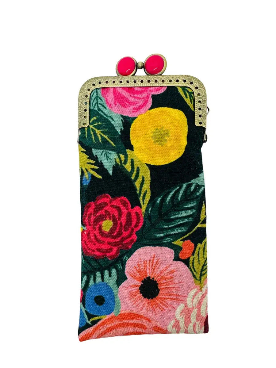 Kiki & Syds Joliet Rose Navy padded cotton eyeglass case with colorful pink and red floral print, bright pink kiss-lock closure and antique bronze frame.