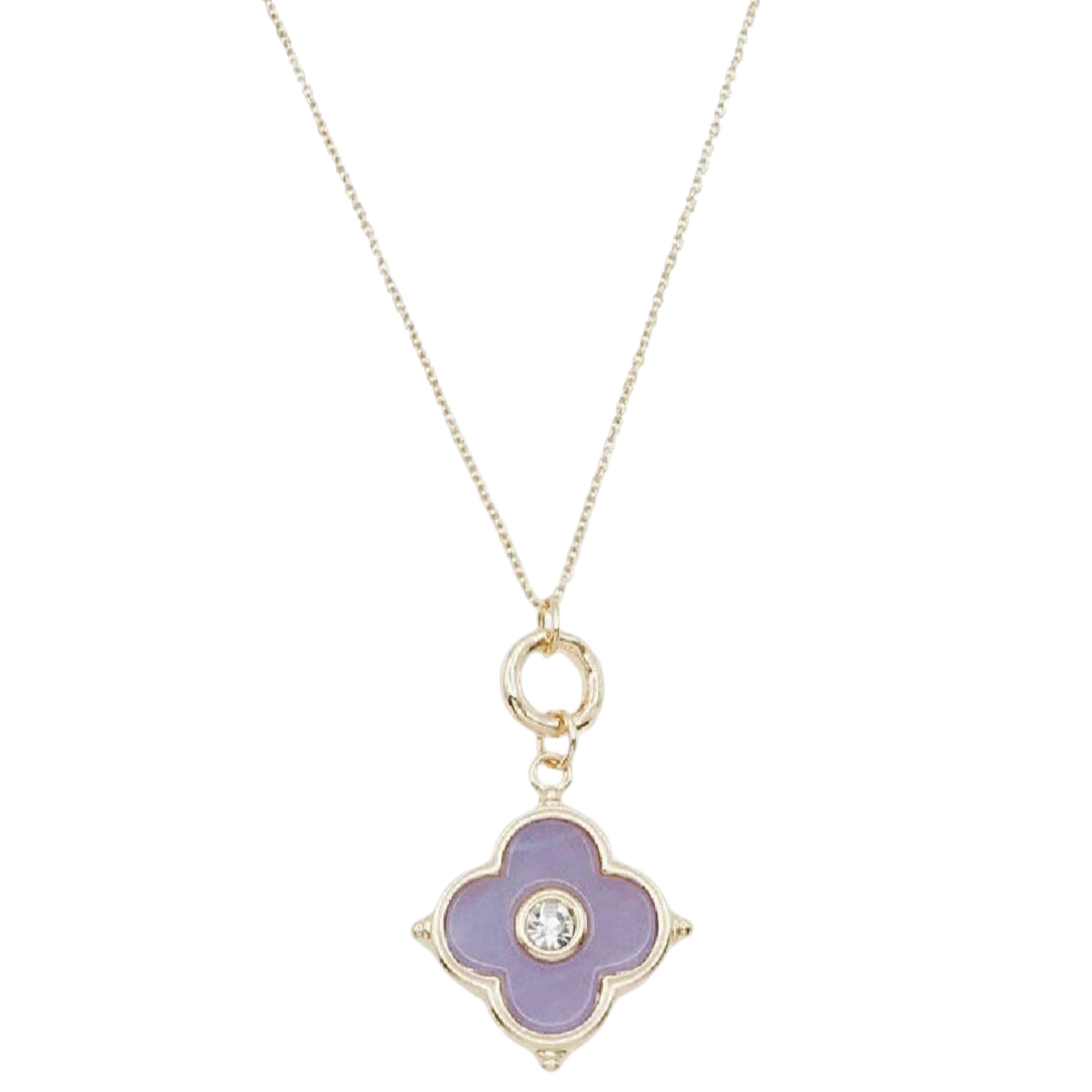 Lavender enamel clover charm necklace with rhinestone accents on a delicate gold-tone chain