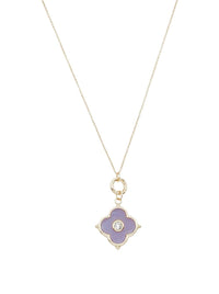 Lavender enamel clover charm necklace with rhinestone accents on a delicate gold-tone chain