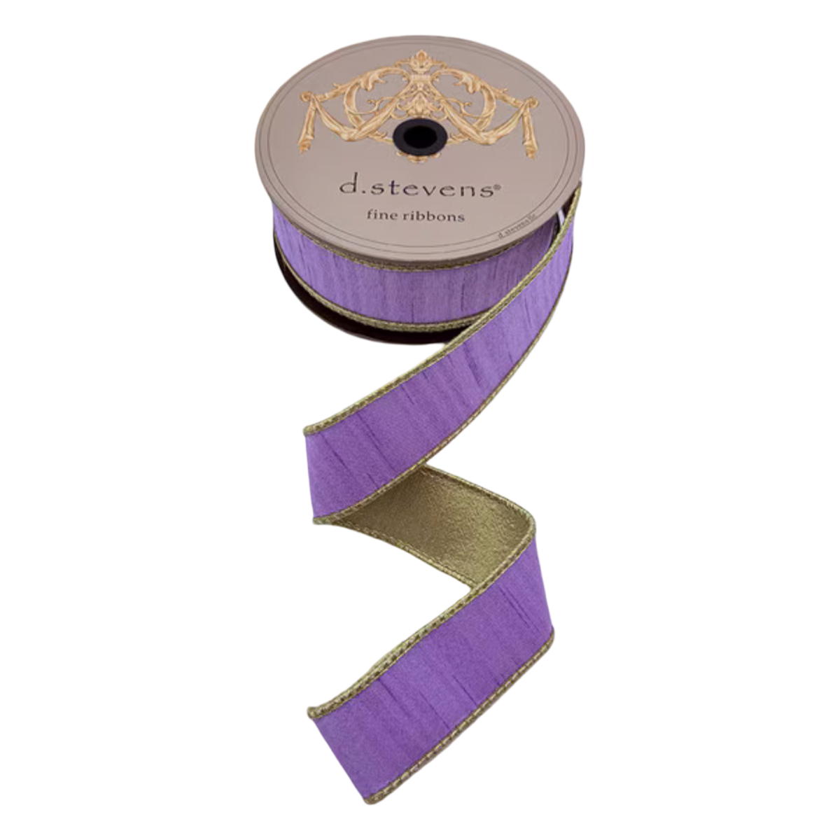 Lavender slub dupioni ribbon with metallic gold backing and gold edging, 1.5 inches wide, shown unrolled from a 10-yard spool for bows, wreaths, ornaments, and gift wrapping.