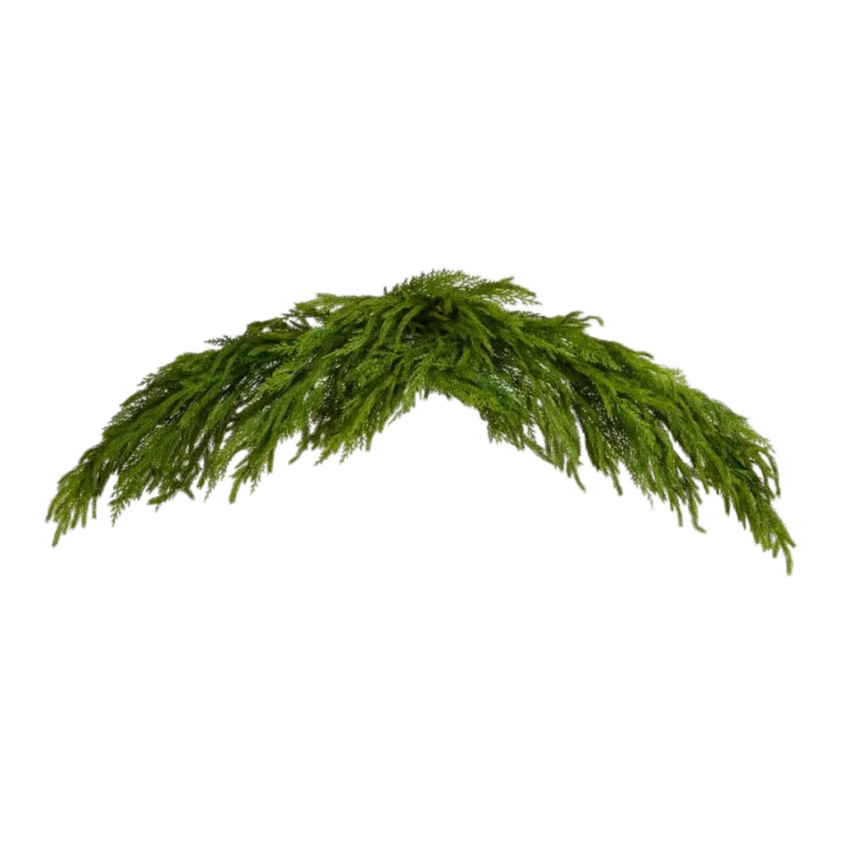 Long Norfolk pine Christmas swag decorated with a velvet ribbon bow for elegant holiday styling