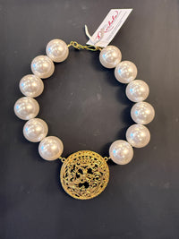 Made in the Deep South 1970s vintage Napier gold pendant necklace with oversized ivory faux pearl beads
