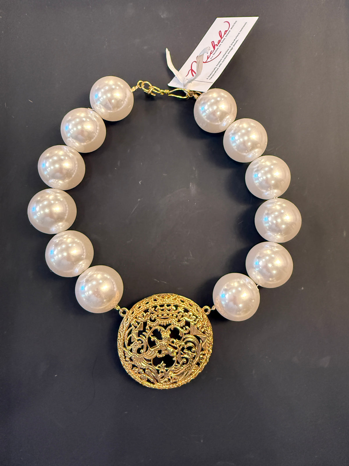 Made in the Deep South 1970s vintage Napier gold pendant necklace with oversized ivory faux pearl beads