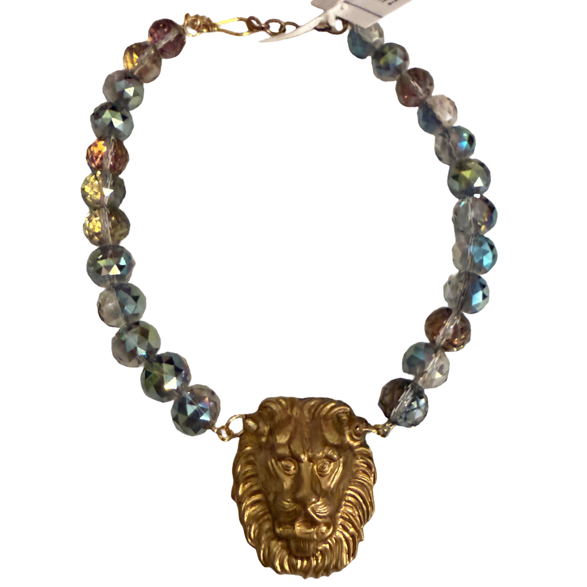 Made in the Deep South necklace with faceted multicolored glass beads and a gold-tone lion head pendant.
