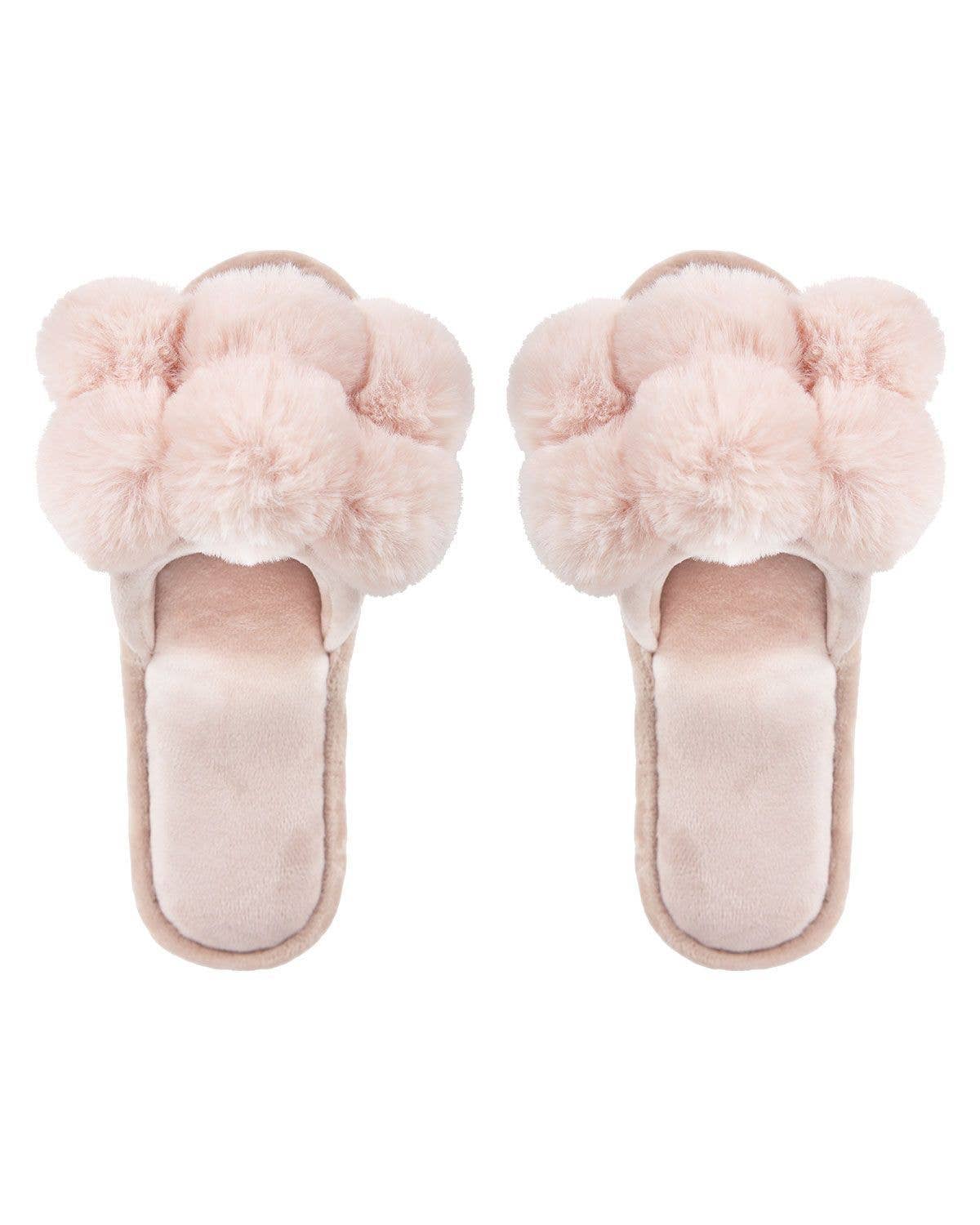 MeMoi slippers, plush pompom slippers, open toe house shoes, blush pink slippers, cozy glam slippers, fuzzy slippers for women, stylish loungewear slippers, whimsical pompom shoes, luxe plush slippers, giftable women’s slippers