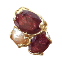 Natural garnet and baroque freshwater pearl statement ring with gold-tone brass setting.