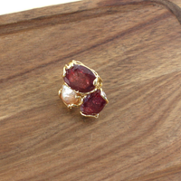 Natural garnet and baroque freshwater pearl statement ring with gold-tone brass setting.