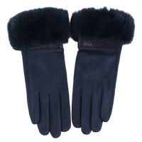 Navy blue suede-look touchscreen gloves with plush matching faux fur cuffs.