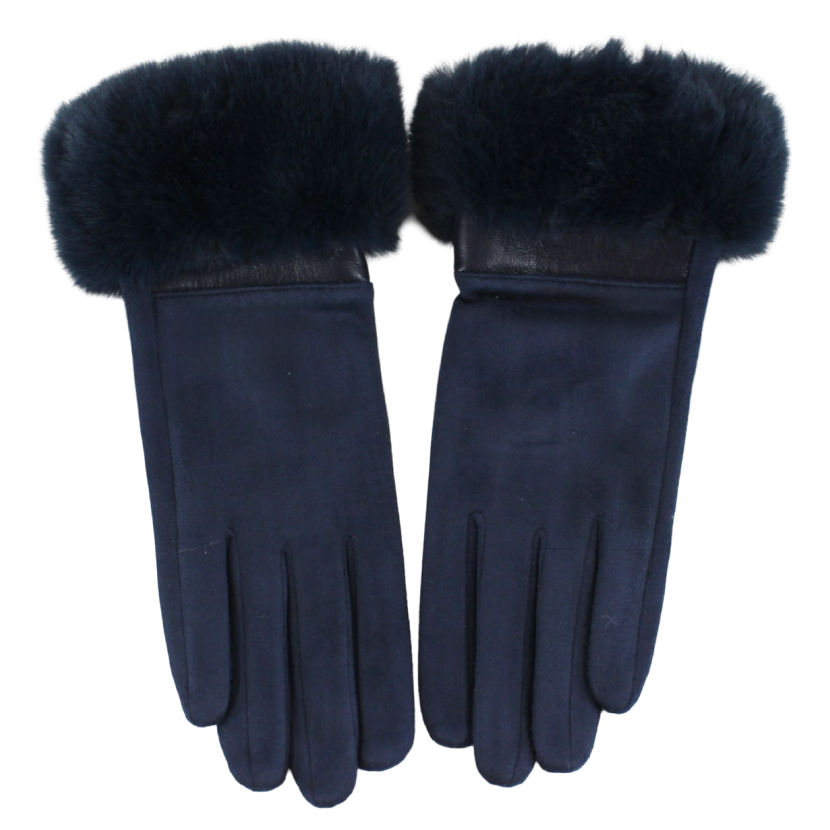 Navy blue suede-look touchscreen gloves with plush matching faux fur cuffs.