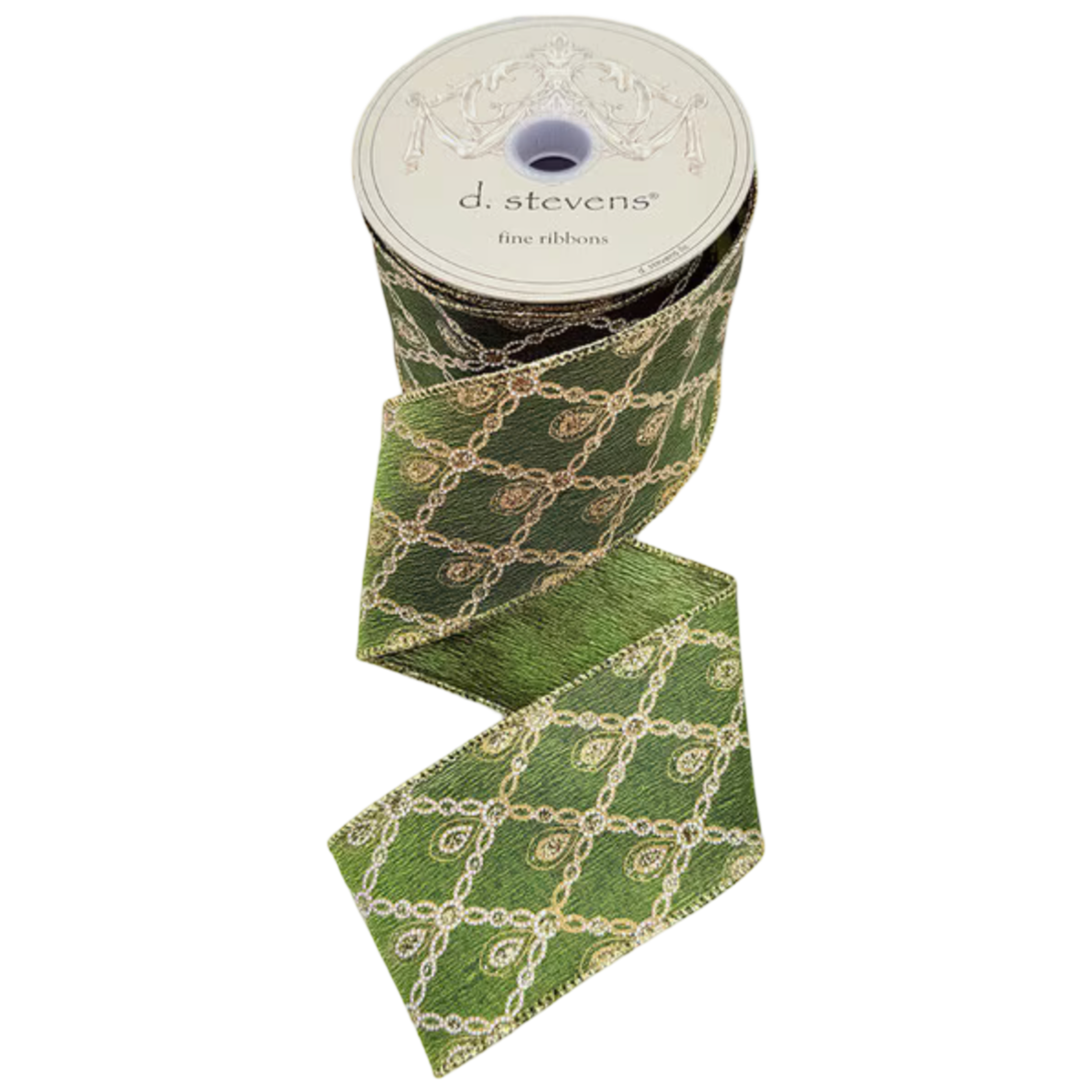 Olive green satin ribbon with a gold glitter chain diamond and drop pattern, shown cascading from a d.stevens spool, 2.5 inches wide.