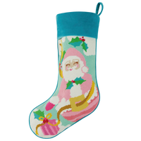 Papa Noel embroidered Christmas stocking featuring colorful Santa design, turquoise velvet cuff, and pink and green holiday details by Peking Handicraft