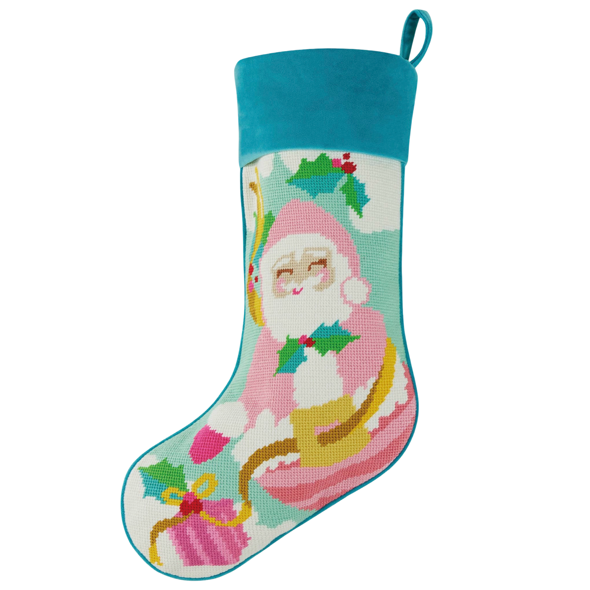 Papa Noel embroidered Christmas stocking featuring colorful Santa design, turquoise velvet cuff, and pink and green holiday details by Peking Handicraft