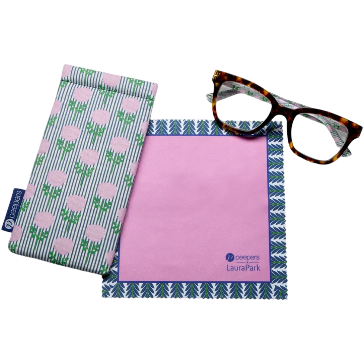 Peepers x Laura Park Buzzworthy reading glasses in Tortoise and Marigold Ticking Stripe Pink