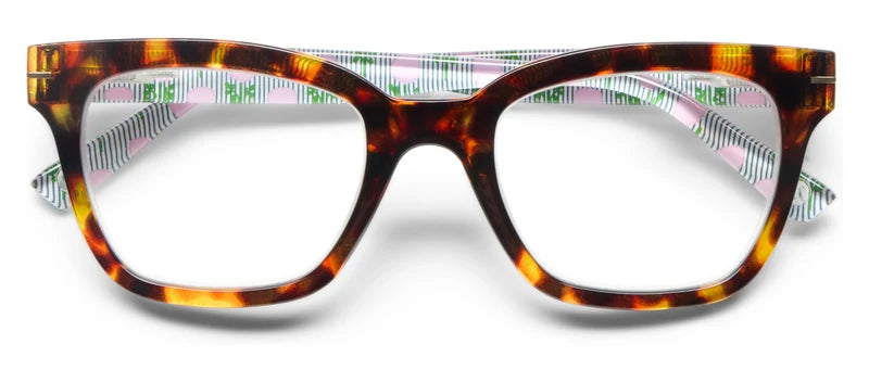 Peepers x Laura Park Buzzworthy reading glasses in Tortoise and Marigold Ticking Stripe Pink