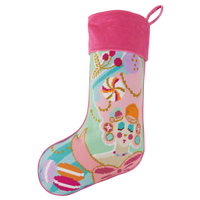 Peking Handicraft Marie Sweet embroidered Christmas stocking with bright pink velvet cuff, colorful whimsical holiday motifs, and turquoise, orange, and green accents
