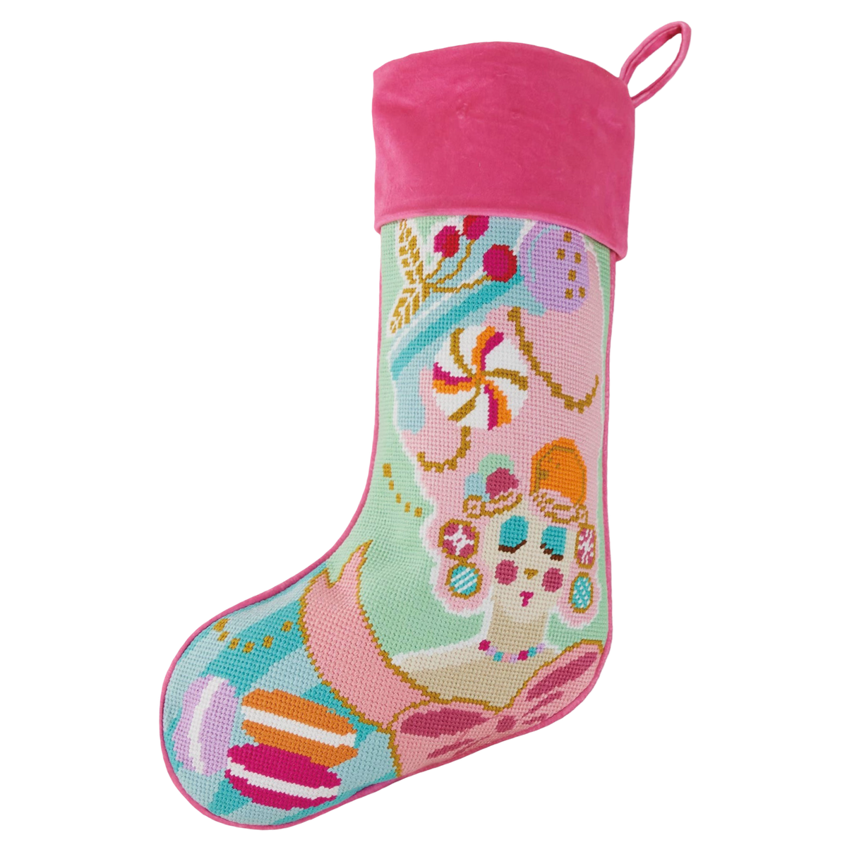 Peking Handicraft Marie Sweet embroidered Christmas stocking with bright pink velvet cuff, colorful whimsical holiday motifs, and turquoise, orange, and green accents