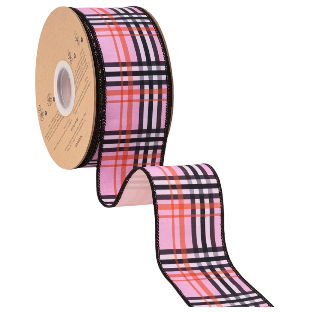 Pink, black and coral plaid wired dupioni ribbon with pink backing, 2.5 inches wide