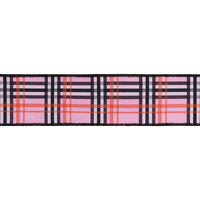 Pink, black and coral plaid wired dupioni ribbon with pink backing, 2.5 inches wide