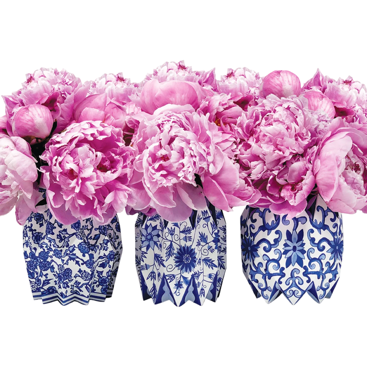 Pink flowers in blue and white patterned vases on a white background
