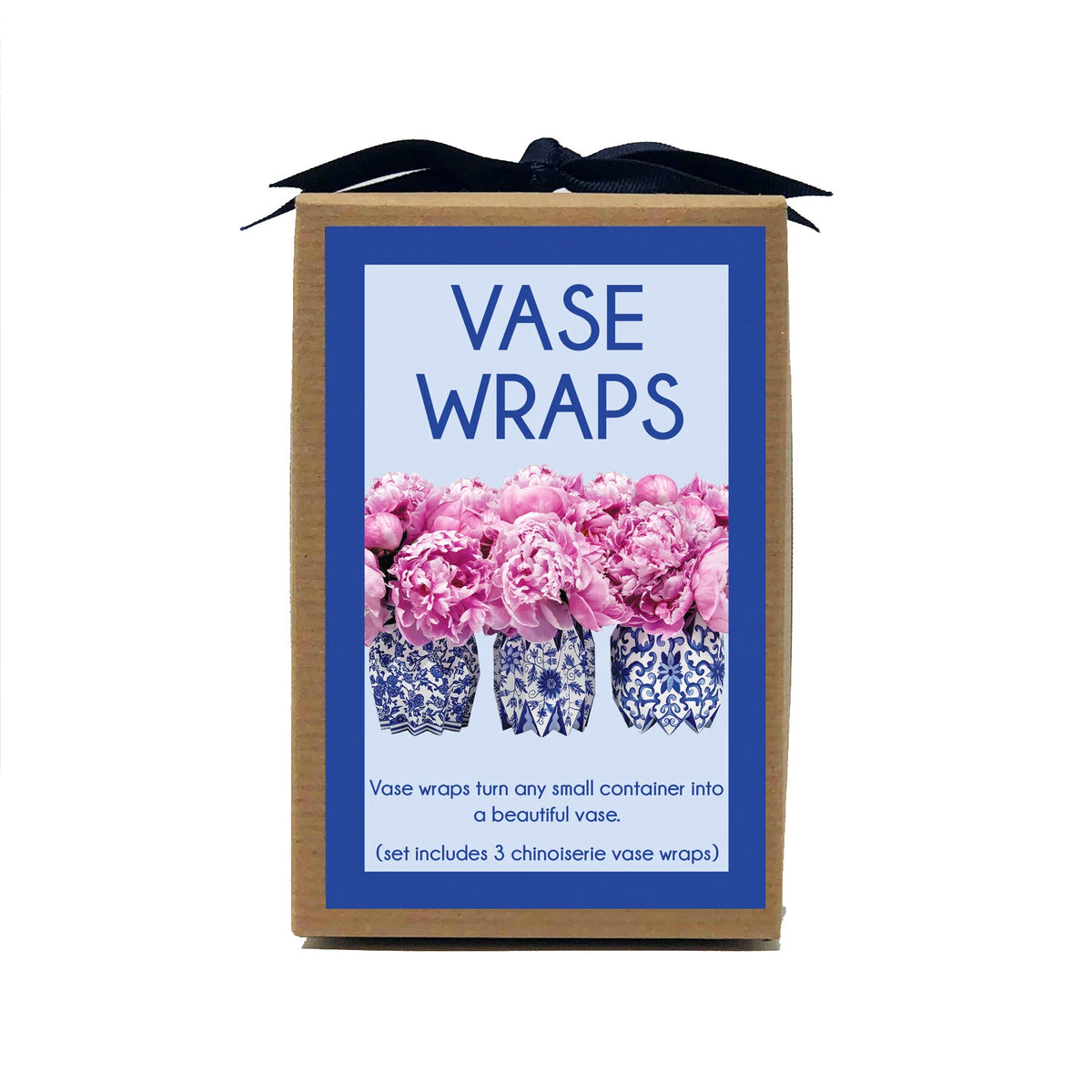 Box of Vase Wraps with pink flowers and blue containers on a white background