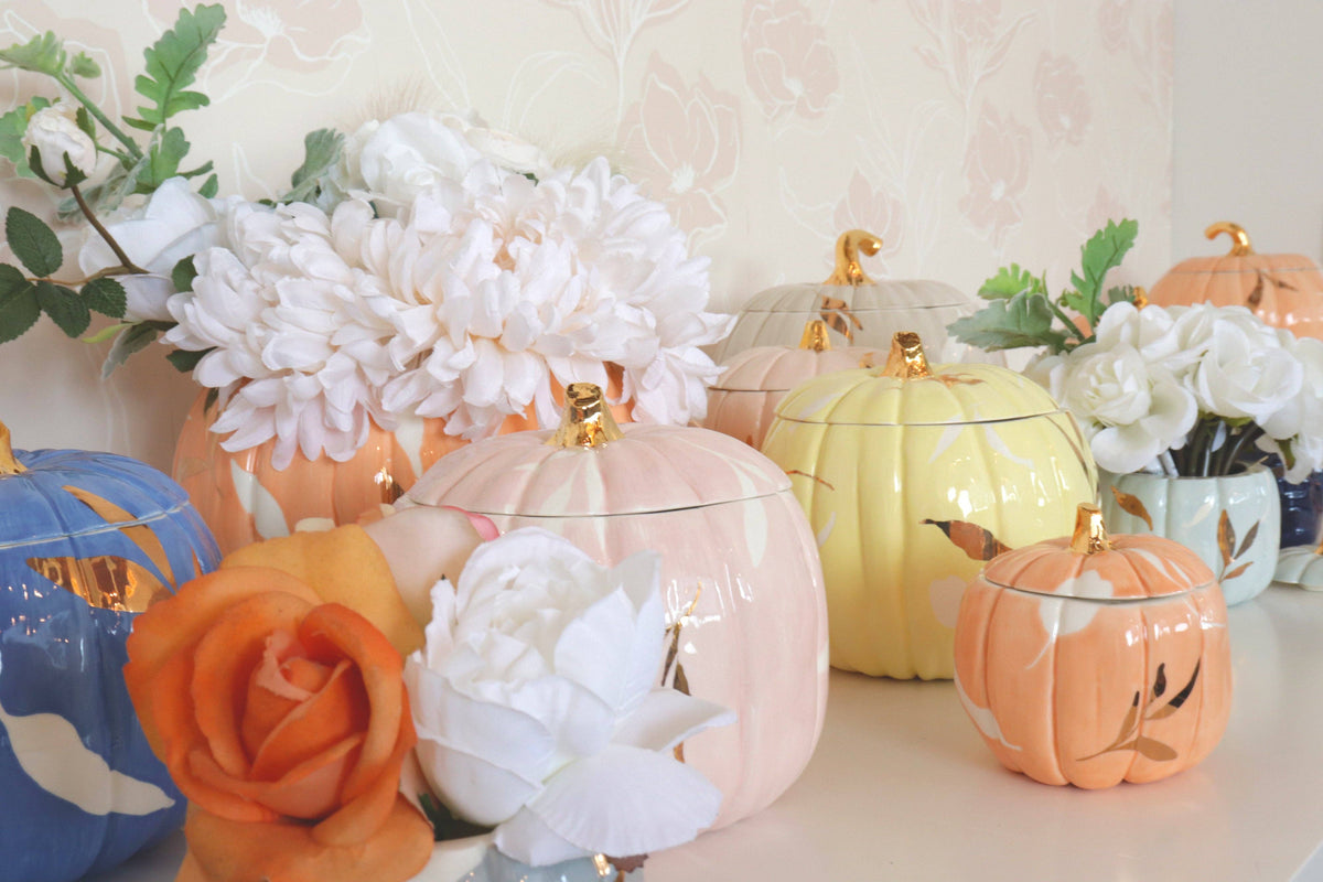 Pumpkin jar, fall home decor, autumn pumpkin jar, 22K gold pumpkin jar, layered leaves pumpkin jar, hand-painted jar, seasonal decor,