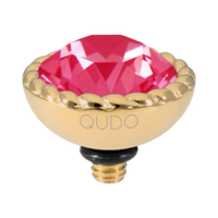 QUDO Bocconi 11mm interchangeable jewelry top featuring a Poppy Red Ignite Swarovski crystal set in polished gold stainless steel.