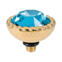QUDO Bocconi 11mm interchangeable jewelry top featuring a Teal Ignite Swarovski crystal set in polished gold stainless steel.