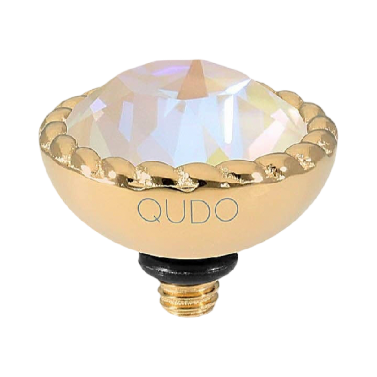 QUDO Bocconi gold interchangeable jewelry topper with faceted Ivory Cream Delite crystal and crystal-accented edge